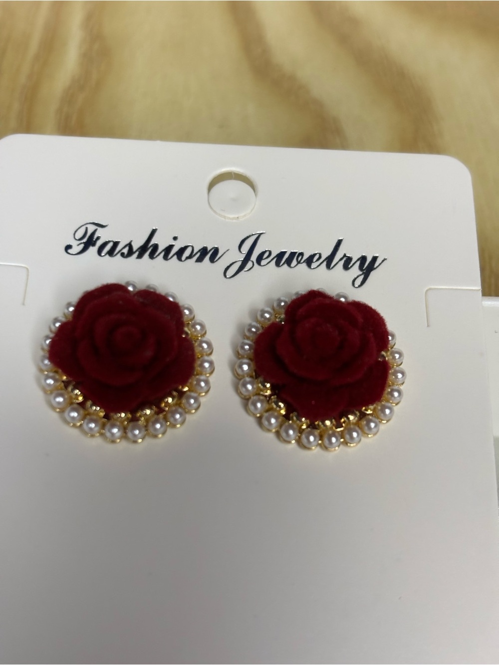 Stainless Steel Red Rose Pearl Halo Stud Earrings